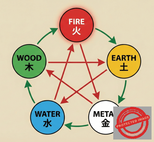 Wu Xing diagram of the 5 elements in Chinese astrology emphasizing the Fire element for the year 2026